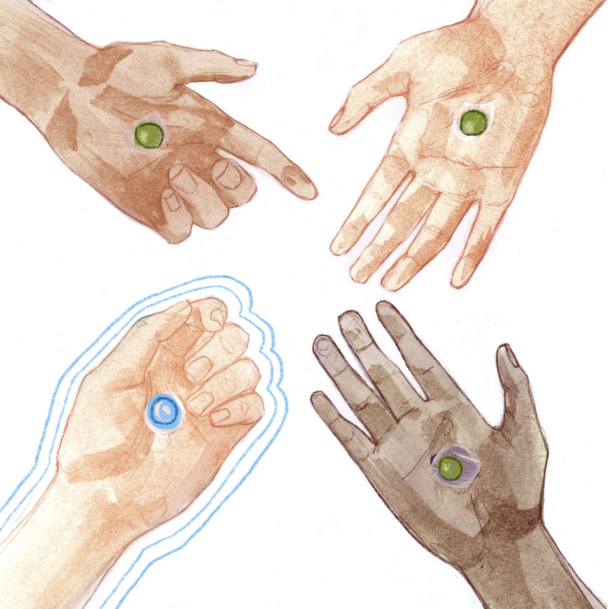three hands holding green marbles, one hand holding blue marble